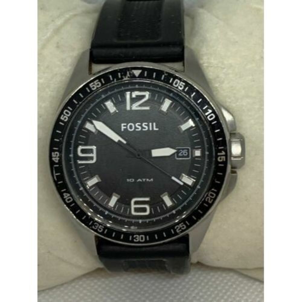 Fossil AM4356 Men's Watch Black Dial 44mm Silicone Band Analog Date Round C485